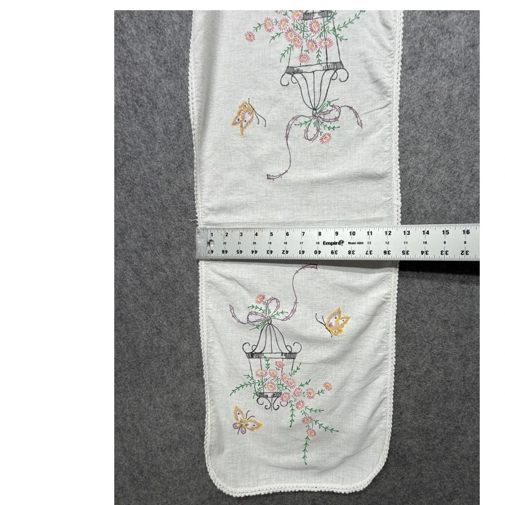 Vintage Embroidered Birdcage Butterfly Table Runner Crocheted Lace Trim 34x12.5